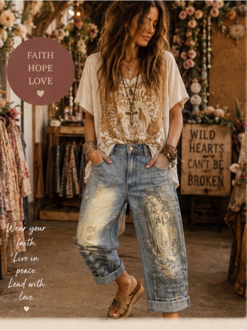 Jaded Gypsy PEACE & LOVE JEANS- “FAITH”
A must have, WEARABLE ART‼️🌸

S/M & L/XL